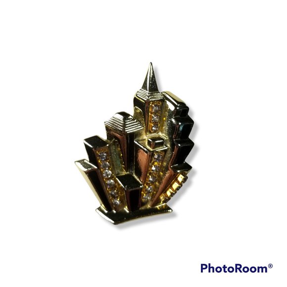 AJC Vintage City Scape Building Brooch Pin Enamel and Rhinestone RARE - Picture 7 of 13